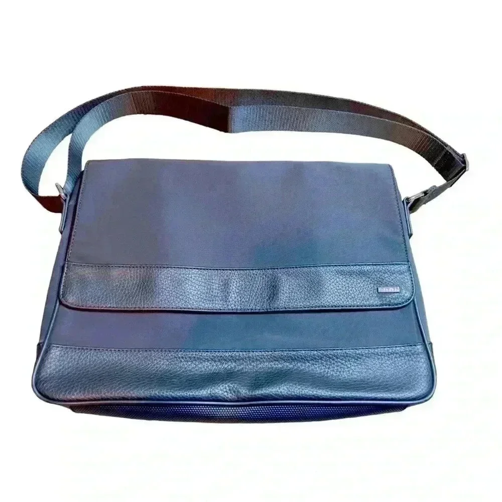 Calvin Klein Nylon Flap Messanger Black Bag W/Pebble Faux Leather Trim
